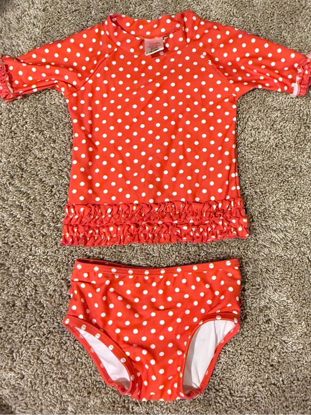 RuffleButts Coral Polka Dot 2-Piece Swimsuit Set 12-18M | Ruffle Details